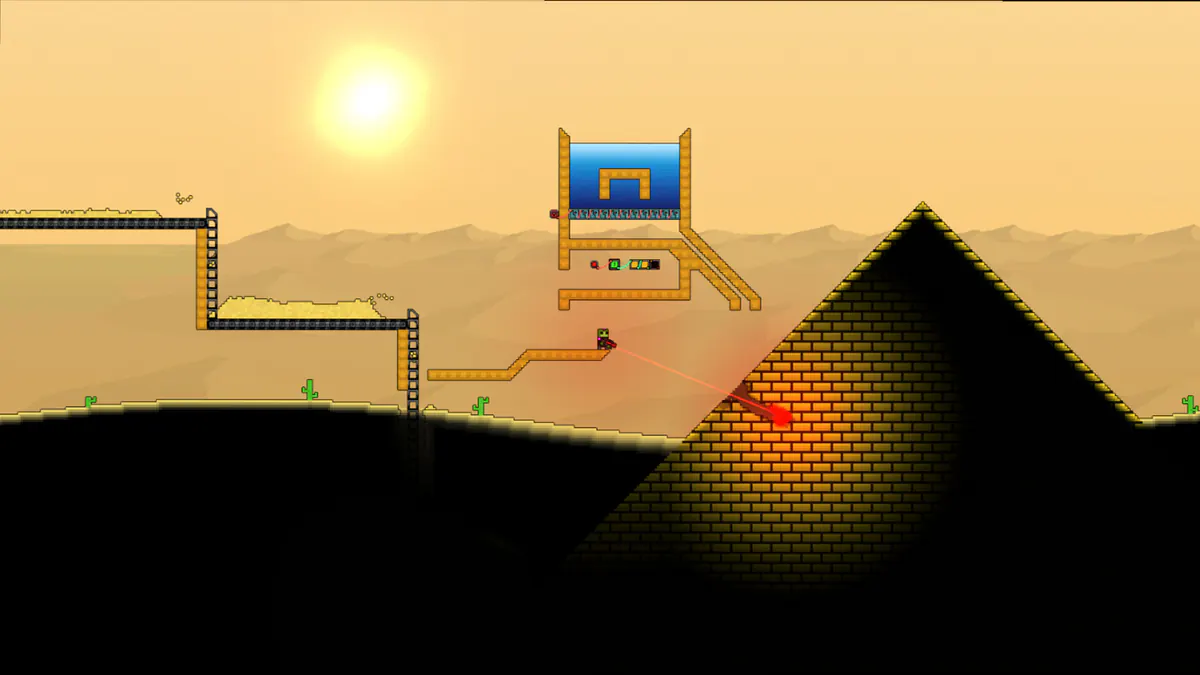 A Sandustry factory beside a water structure and ancient pyramid in a desert landscape.